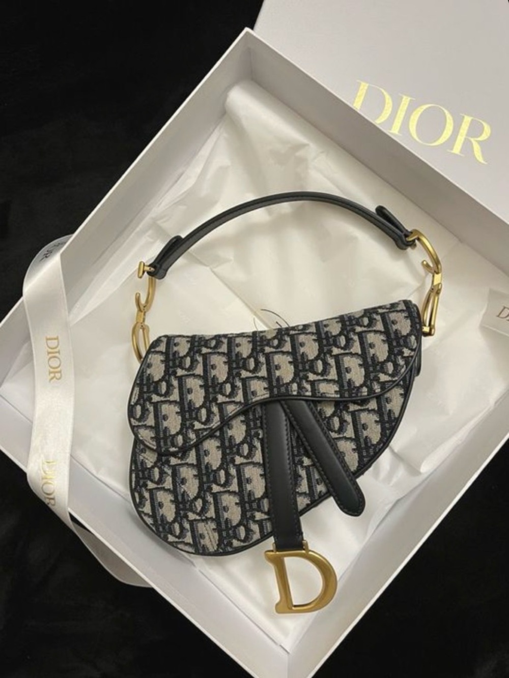 Dior Saddle Bag in Black and Beige Jacquard with Gold Hardware